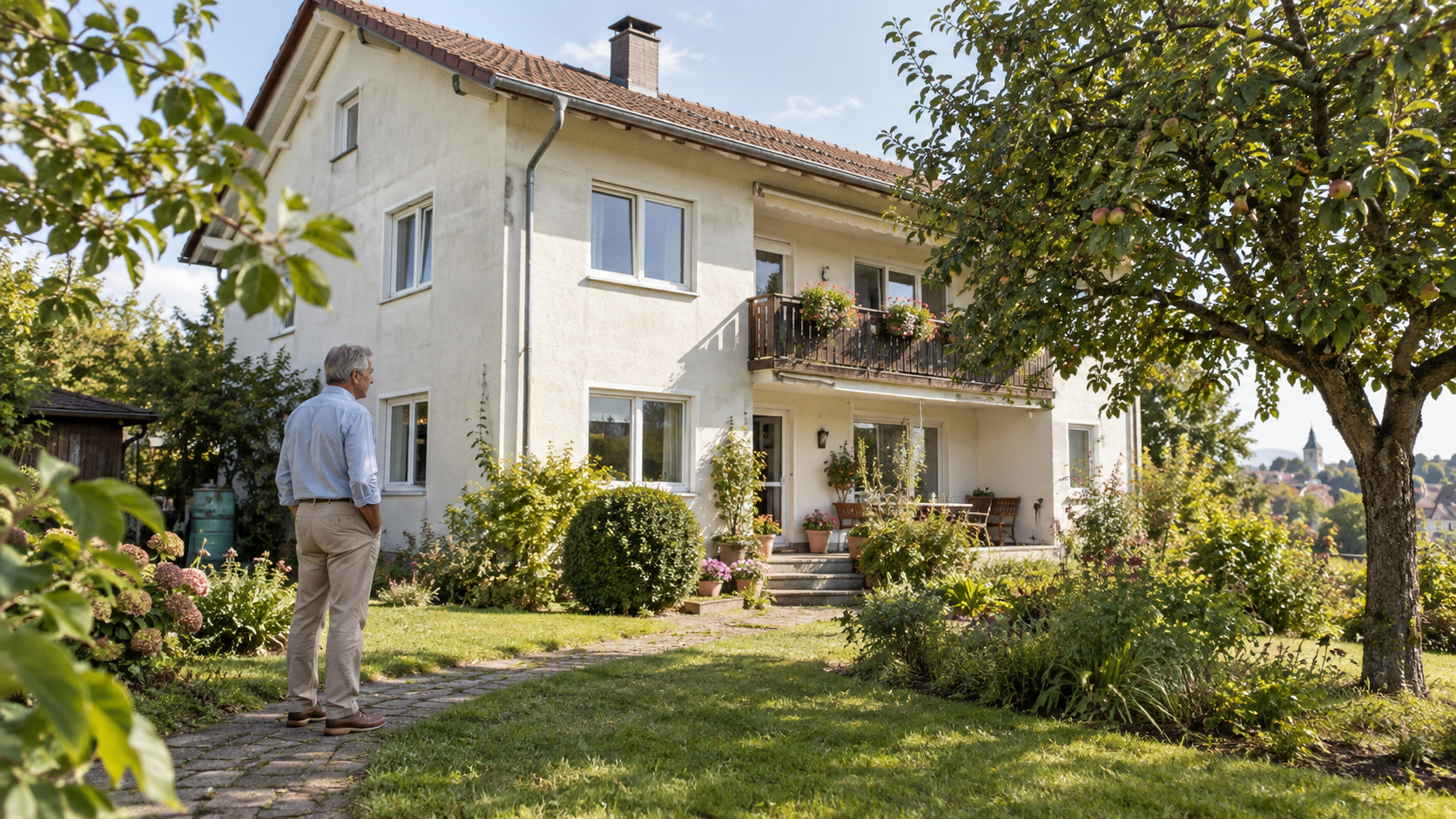 Eigentümer blickt auf ein gewachsenes Wohnhaus mit Garten in Bayern